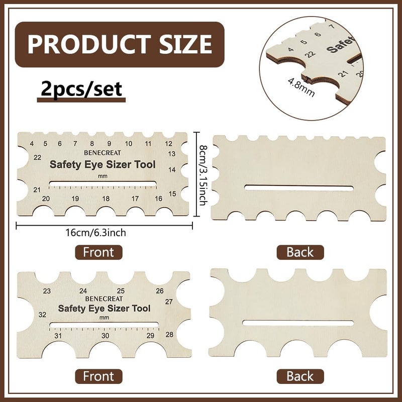 BENECREAT 2Pcs Wood Safety Eyes Sizer Tool, 4~32mm Burlywood Eye Measuring Ruler, Plush Bear Eye Installation, Doll Crochet Tool, DIY Craft Tool Set - Image 2